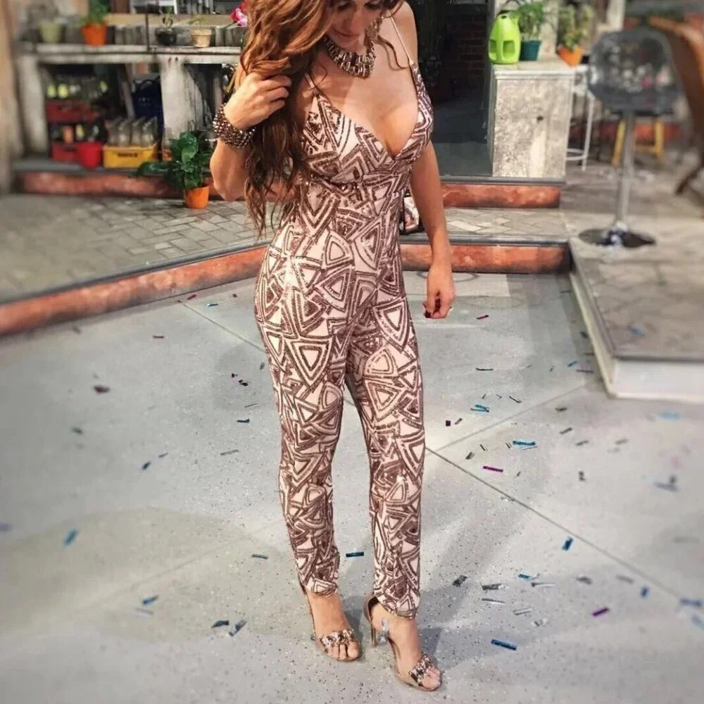GLAMOUR GIRL BLACK NUDE SEQUIN JUMPSUIT